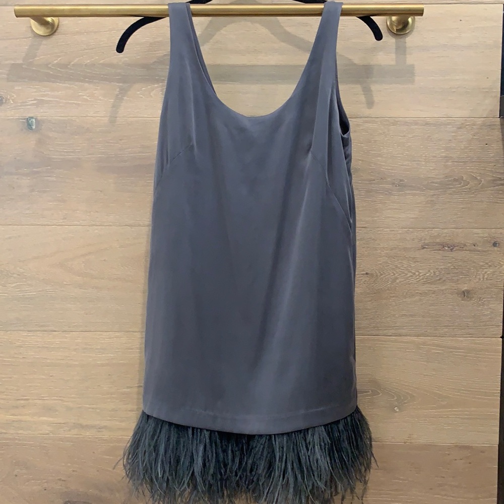 Gray O-Neck Dress with Feather Fringe &  Zipper